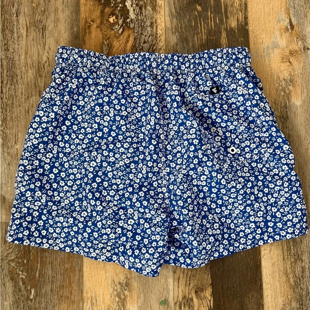 Men’s Blue & White Patterned Swim Trunks w/ Elastic Waistband Drawstring Size L